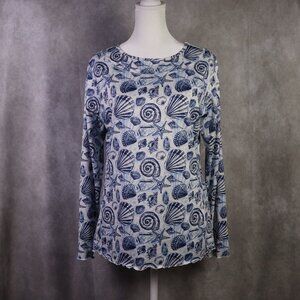 Gottex Top Womens Medium White Blue Ocean Shells LS Golf Tennis Outdoors